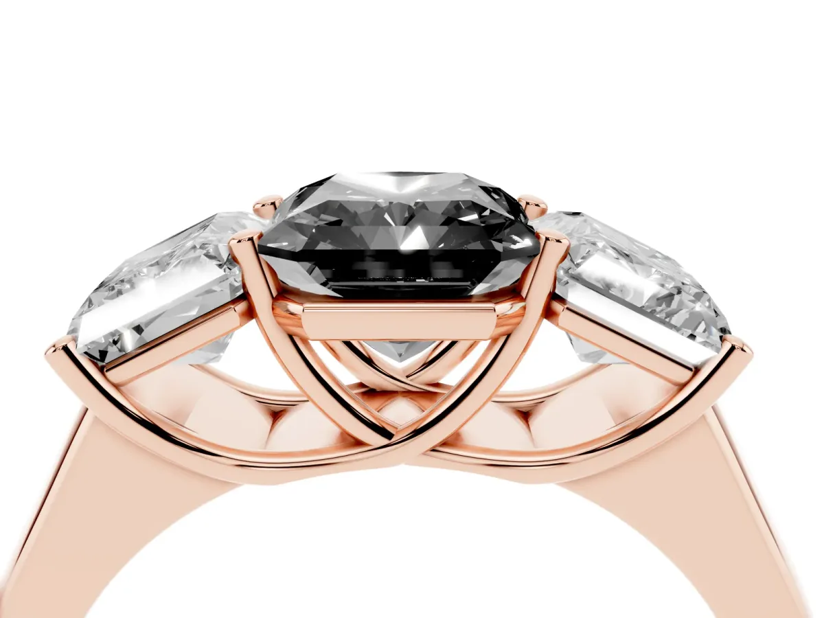 Fancy Black Radiant Cut Three-Stone Diamond Ring with Prong Setting on a Classic Band Rose gold