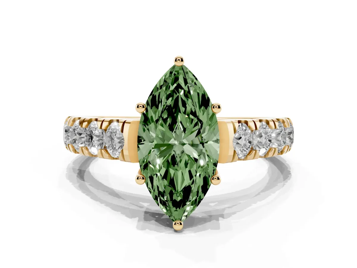 Fancy Green Marquise Cut Cut Diamond Solitaire Ring with Micro Pave Band and Prong Setting Yellow gold