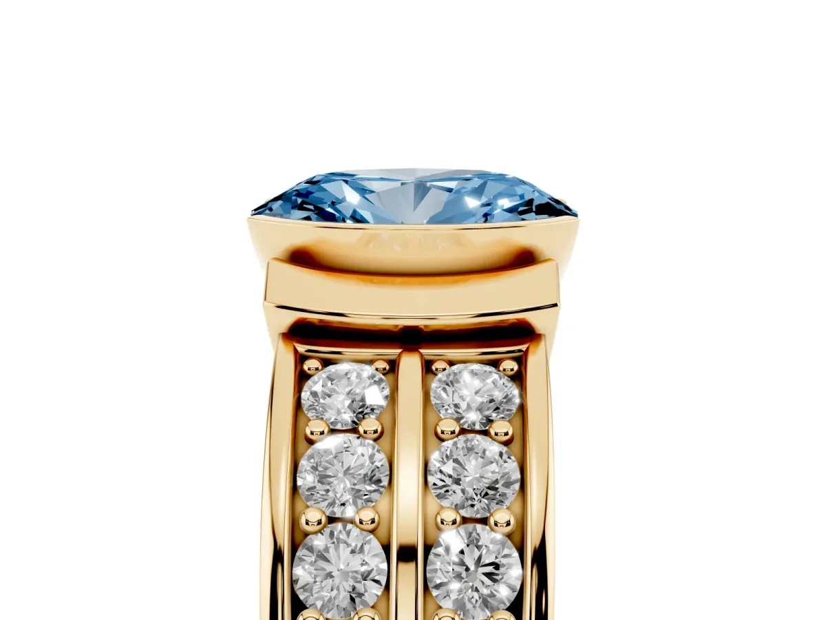 Fancy Blue Oval Cut Brilliant Diamond Channel Set Wide Band Ring with Bezel Setting Yellow gold