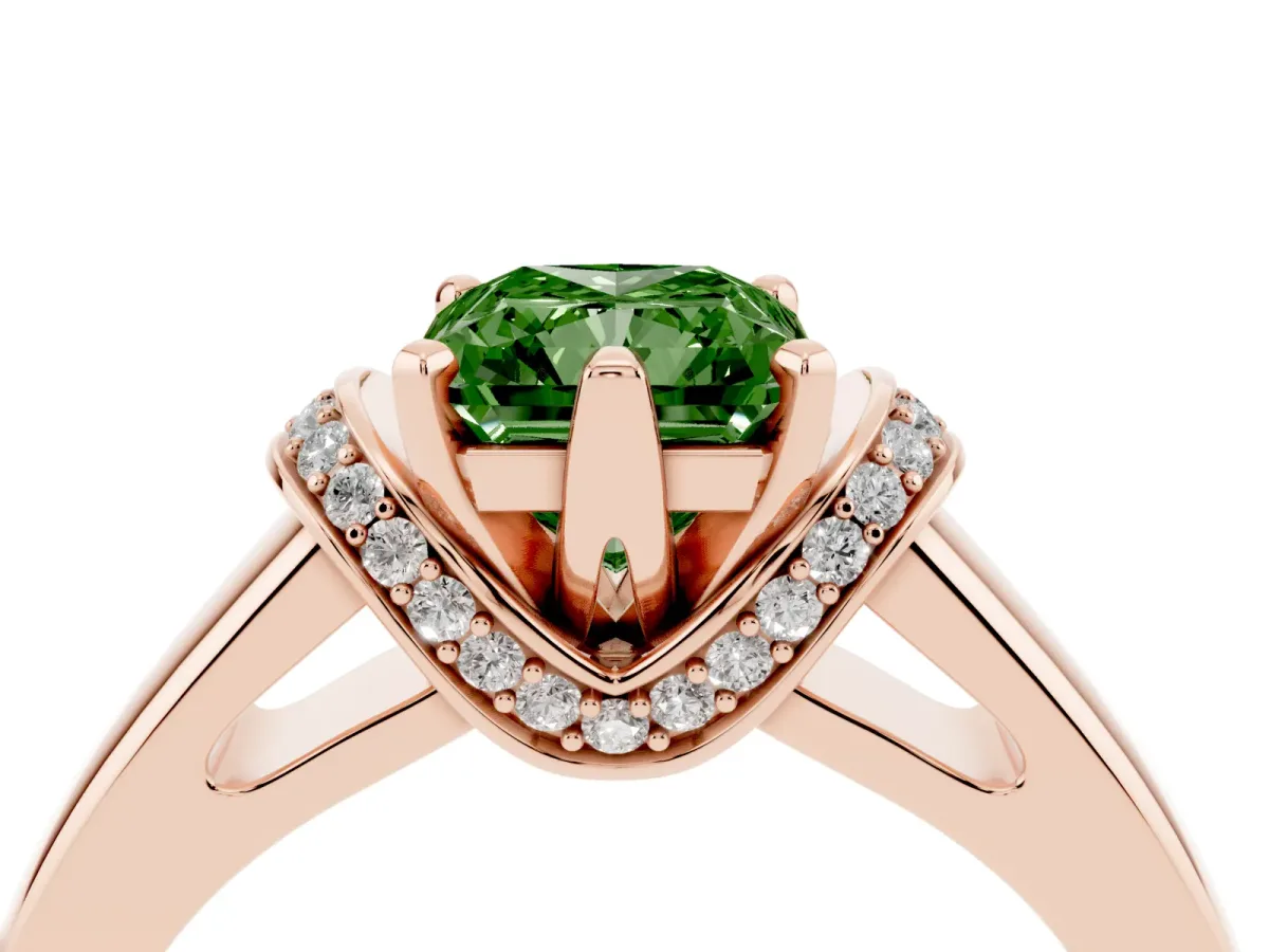 Fancy Green Radiant Cut Solitaire Diamond Ring with Pave Band and Six-Prong Setting Rose gold