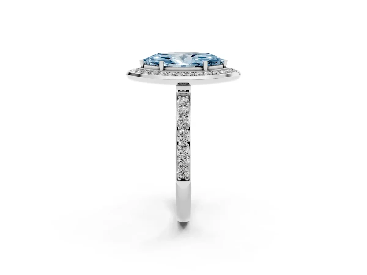 Fancy Blue Marquise Cut Diamond Halo Ring with Bezel Frame and Pavé Band Silver