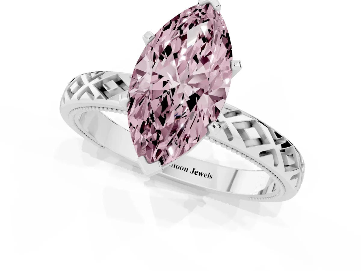 Fancy Pink Marquise Cut Solitaire Diamond Ring with Milgrain and Black Enamel X Pattern Band Silver