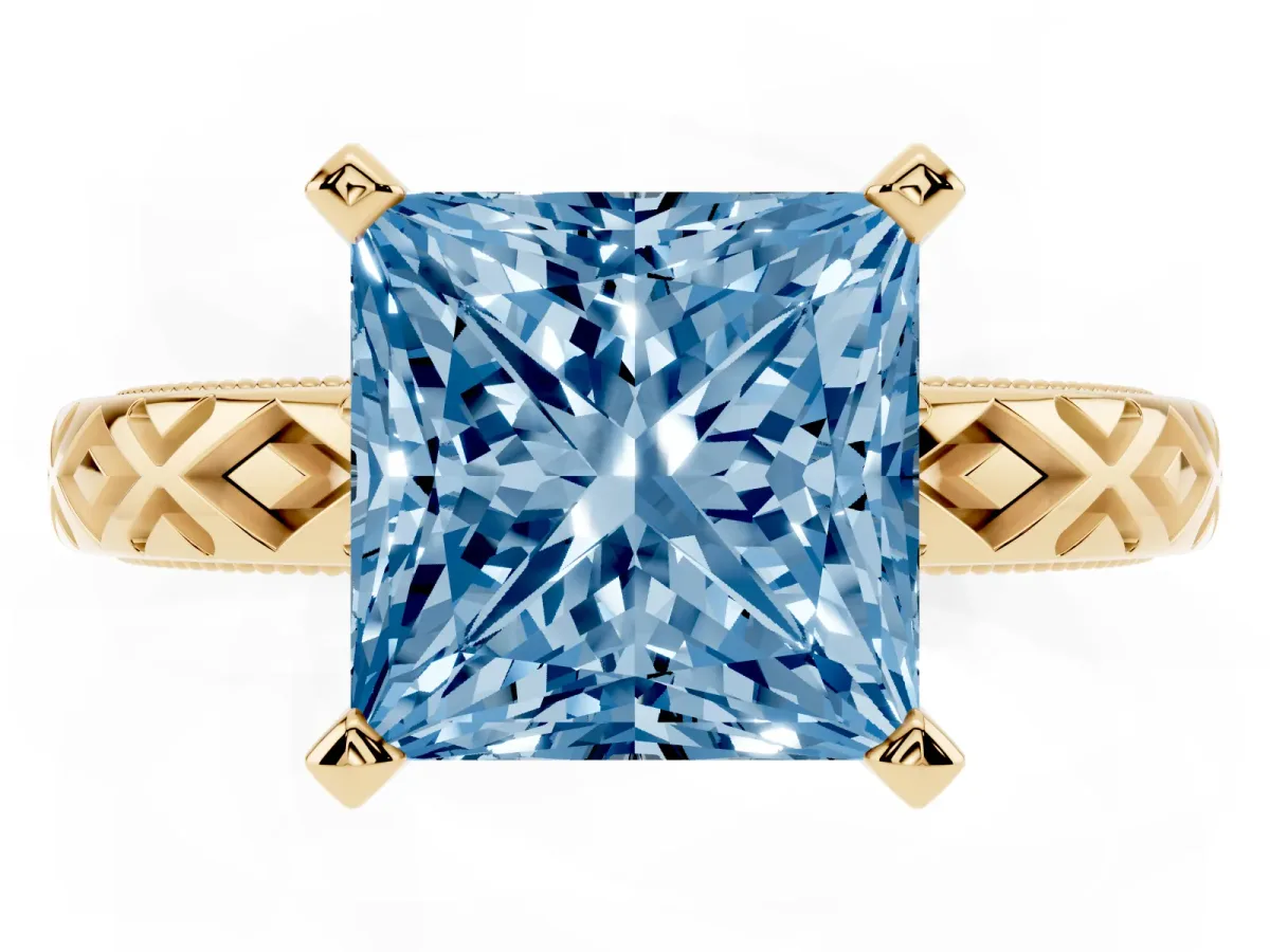 Fancy Blue Princess Cut Solitaire Diamond Ring with Milgrain and Black Enamel X Pattern Band Yellow gold