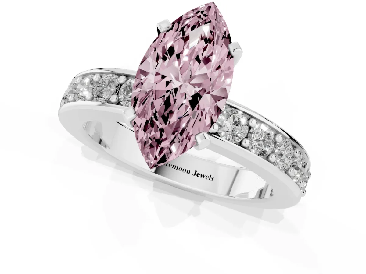 Fancy Pink Marquise Cut Diamond Engagement Ring with Channel Set Round Band and Prong Setting White gold