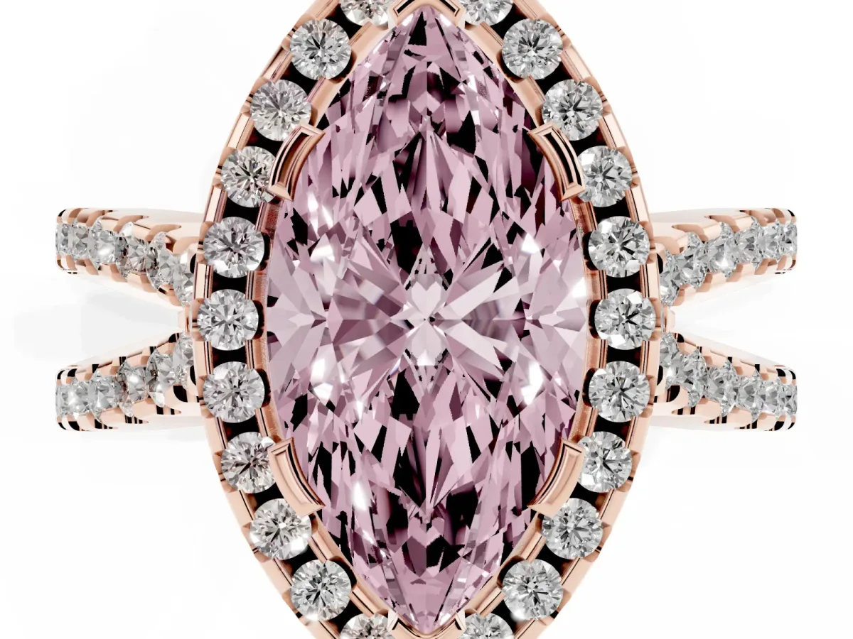 Fancy Pink Marquise Cut Diamond Halo Ring with Split Shank Pavé Band and Prong Setting Rose gold
