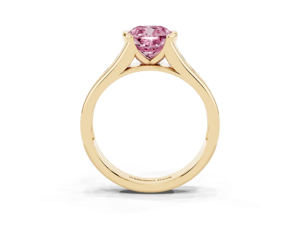 Fancy Pink Cushion Cut Solitaire Bezel-Set Diamond Ring with Channel-Set Band Yellow gold