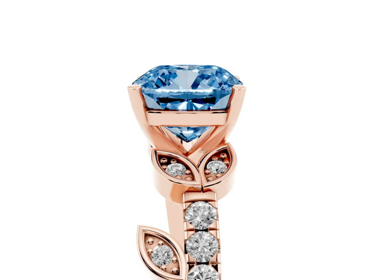 Fancy Blue Cushion Cut Solitaire Leaf-Inspired Diamond Ring with Pavé Band and Four-Prong Setting Rose gold