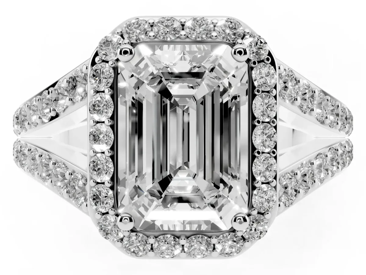 Emerald Cut Diamond Split Shank Halo Ring with Four-Prong Setting Platinum