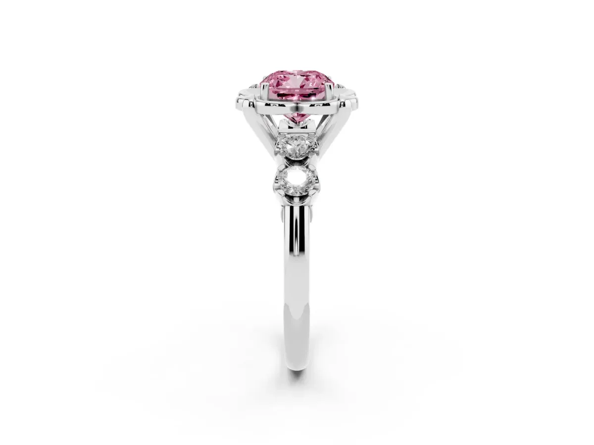 Fancy Pink Cushion Cut Cut Diamond Floral Halo Engagement Ring with Shared Prong Setting Silver