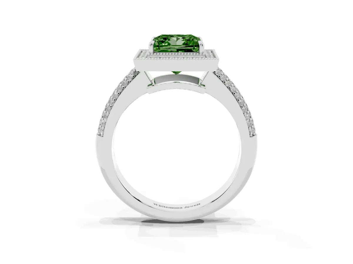 Fancy Green Princess Cut Cut Halo Diamond Pave Band with Four-Prong Setting Platinum