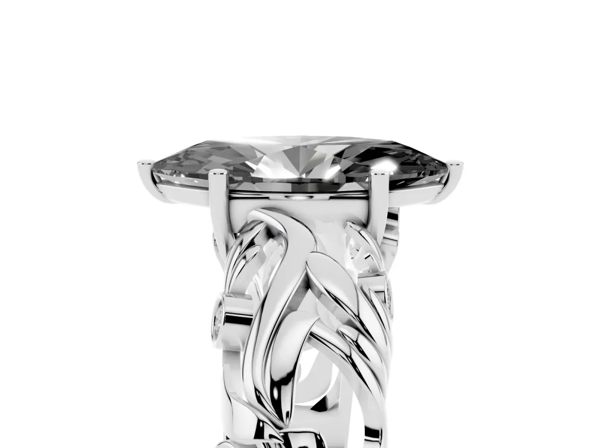 Fancy Black Marquise Cut Solitaire Diamond Leaf-Inspired Vine Band Ring with Prong Setting Platinum