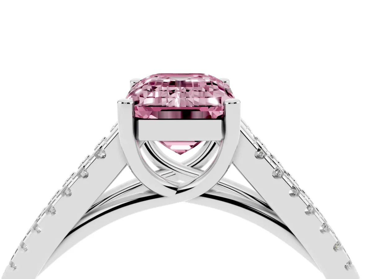 Fancy Pink Emerald Cut Diamond Solitaire Engagement Ring with Split Shank Pavé Band Silver