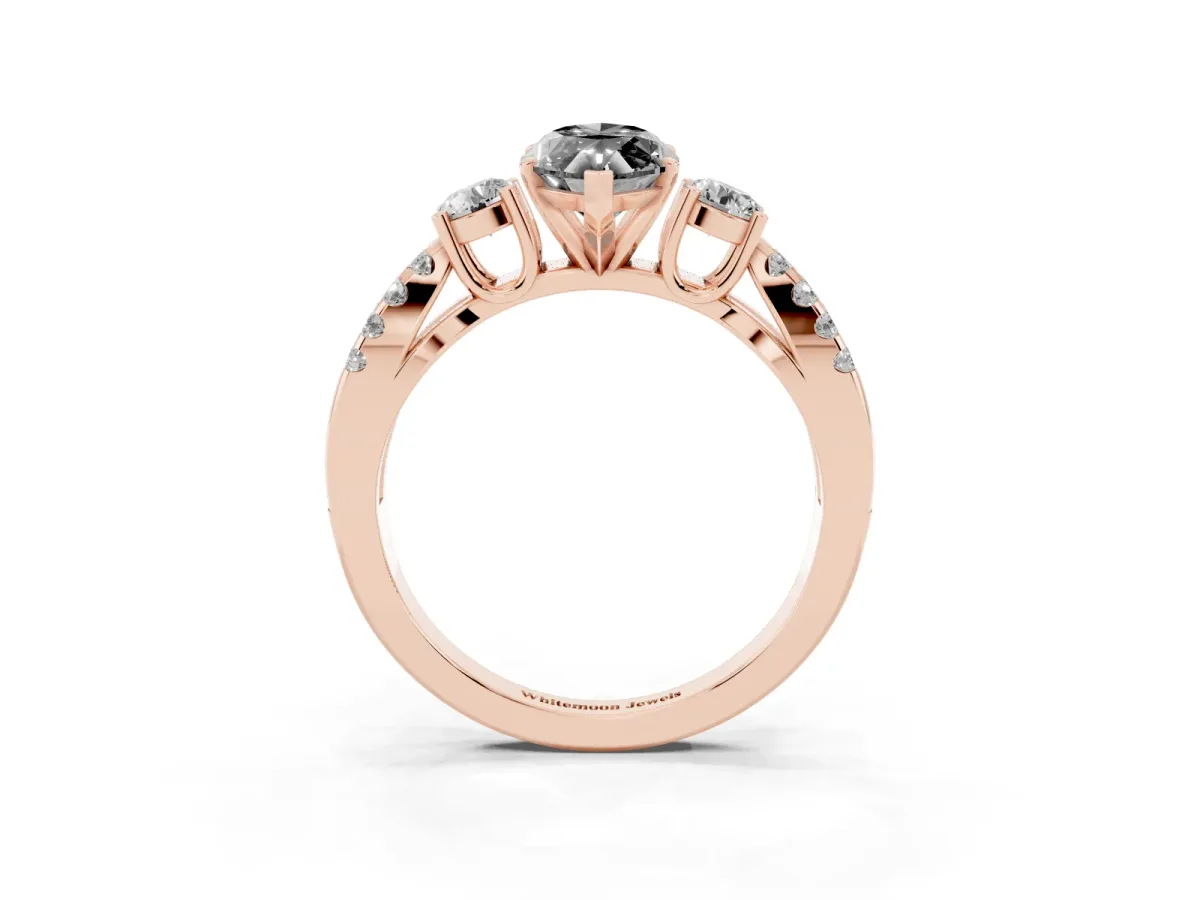 Fancy Black Marquise Cut Diamond Three-Stone Ring with Pavé Split Shank and Four-Prong Setting Rose gold