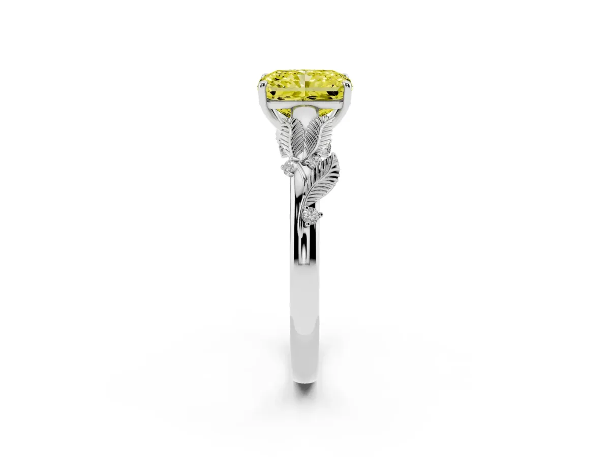 Fancy Yellow Radiant Cut Diamond Solitaire Ring with Leaf Motif Band and Four-Prong Setting Silver