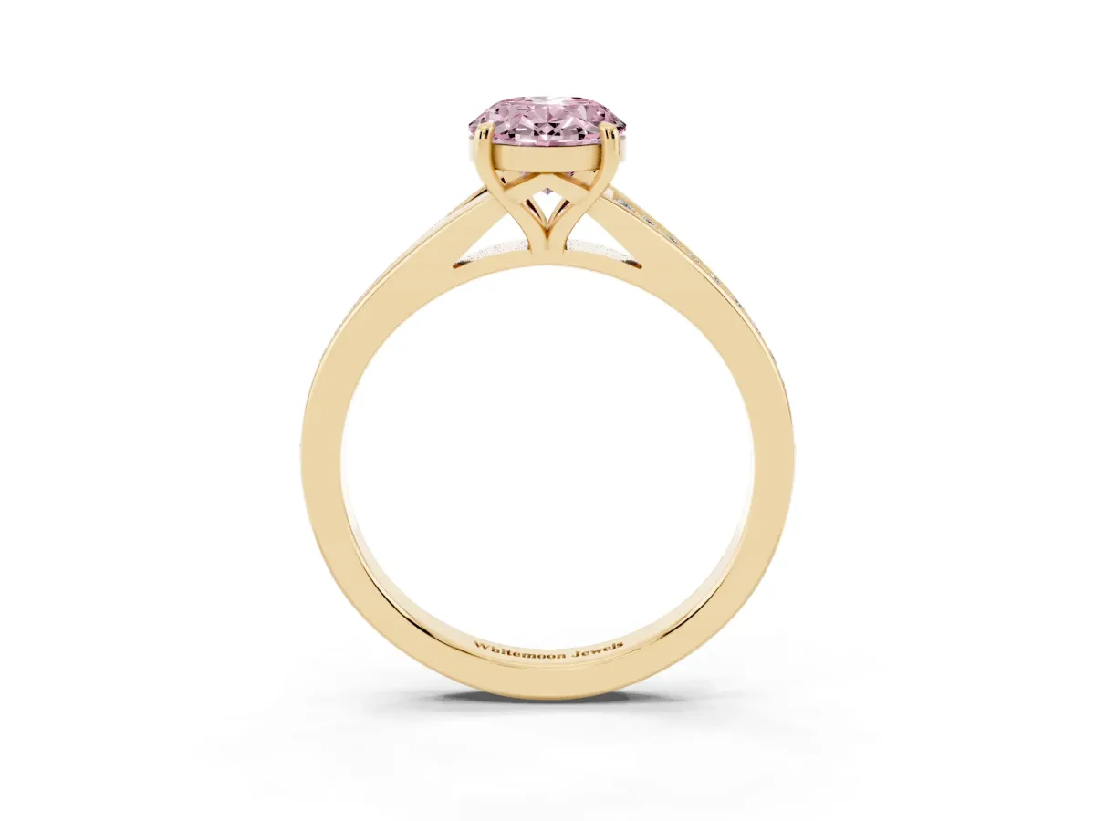 Fancy Pink Oval Cut Diamond Solitaire Ring with Pavé Band and Prong Setting Yellow gold