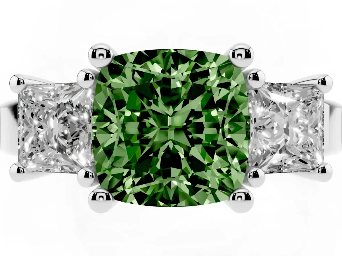 Fancy Green Three-Stone Cushion Cut Cut Solitaire Ring with Prong Setting Silver