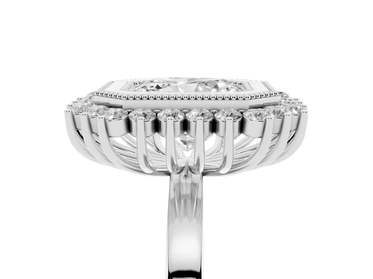 Radiant Cut Halo Diamond Ring with Milgrain Edge and Round Prong Setting Silver