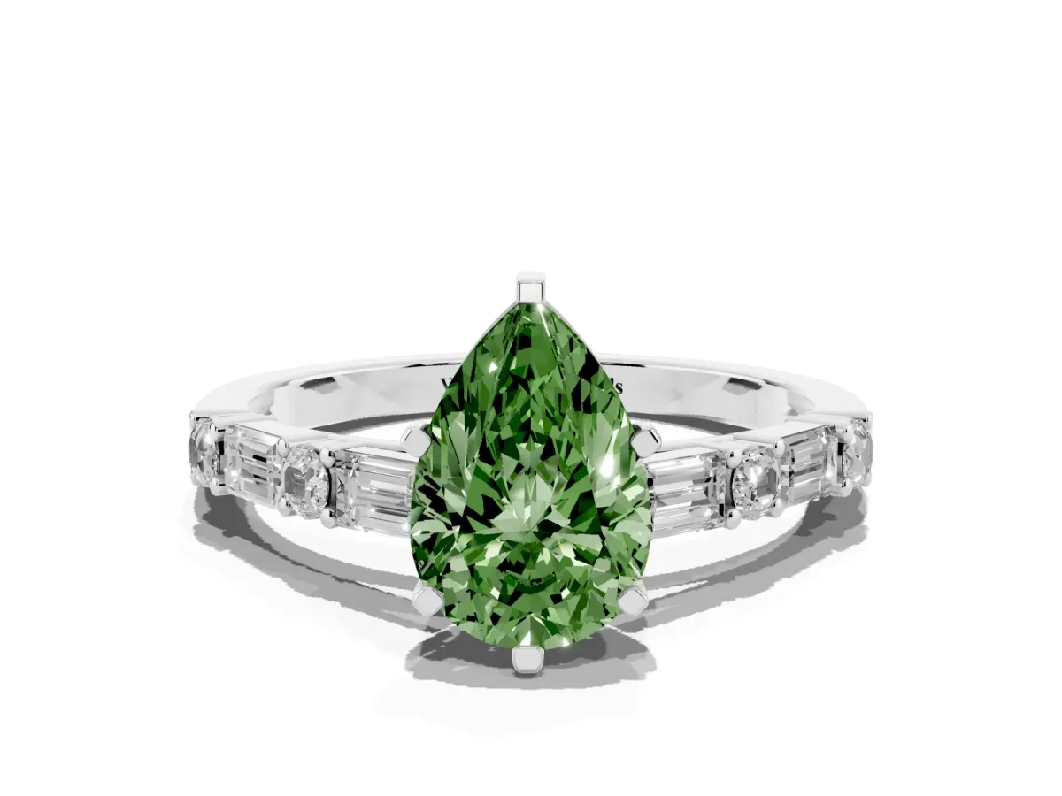 Fancy Green Pear Cut Diamond Solitaire with Side Baguettes and Channel Set Band Platinum
