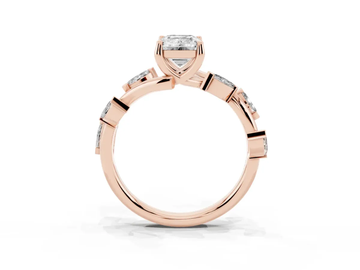Emerald Cut Solitaire Twisted Band Marquise Accent Prong Setting Ring Rose gold