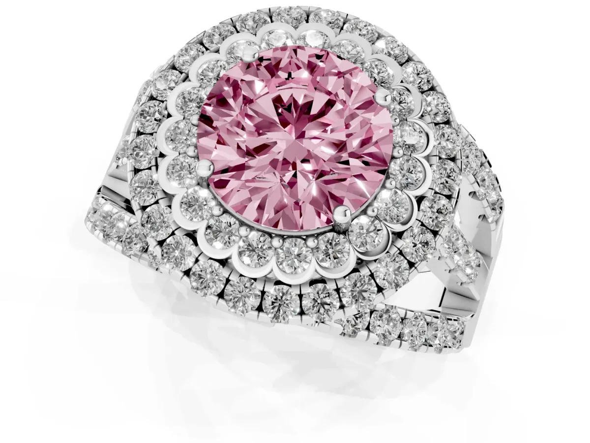 Fancy Pink Round Cut Diamond Double Halo Ring with Round Pavé Split Shank and Prong Setting Silver