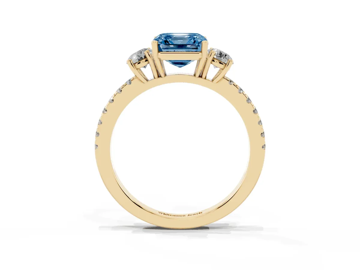 Fancy Blue Three-Stone Asscher Cut Cut Diamond Pavé Band with Prong Setting Yellow gold