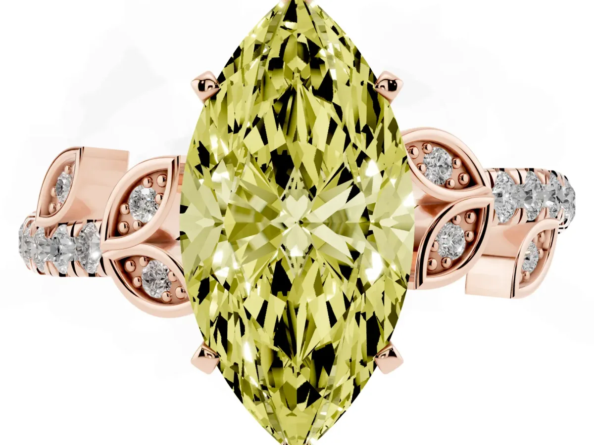 Fancy Yellow Marquise Cut Solitaire Leaf-Inspired Diamond Ring with Pavé Band and Four-Prong Setting Rose gold