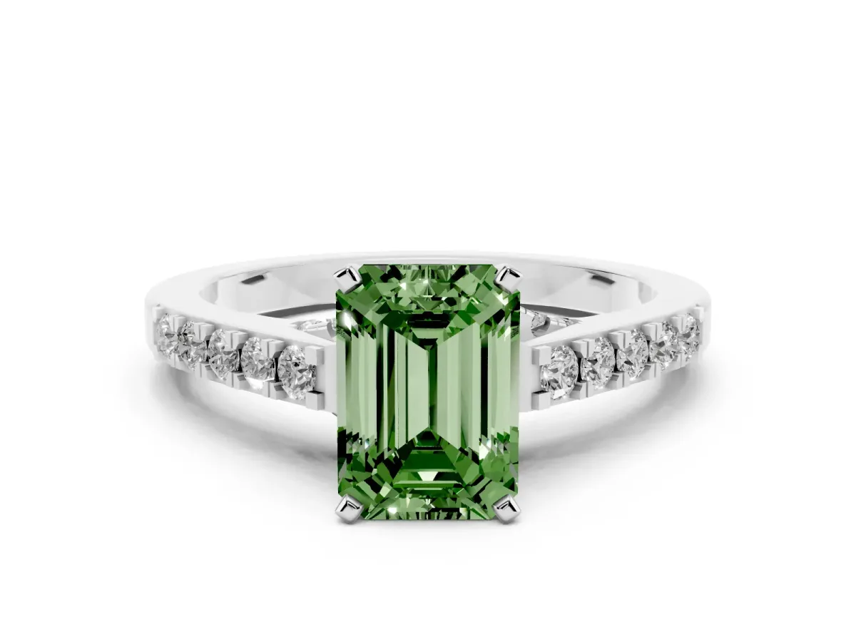 Fancy Green Emerald Cut Diamond Solitaire Ring with Crossover Gallery and Round Pavé Band Silver
