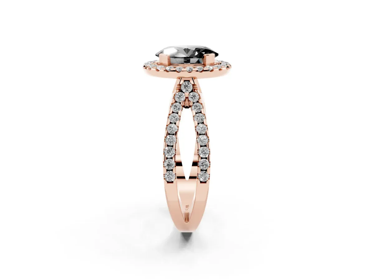 Fancy Black Oval Cut Diamond Halo Ring with Split Shank Pavé Band and Prong Setting Rose gold