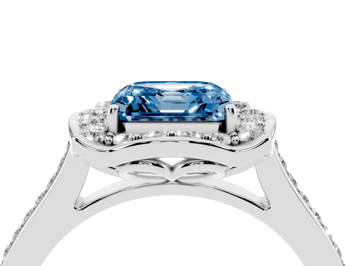 Fancy Blue Asscher Cut Halo Round Diamond Pave Band with Four-Prong Setting Silver