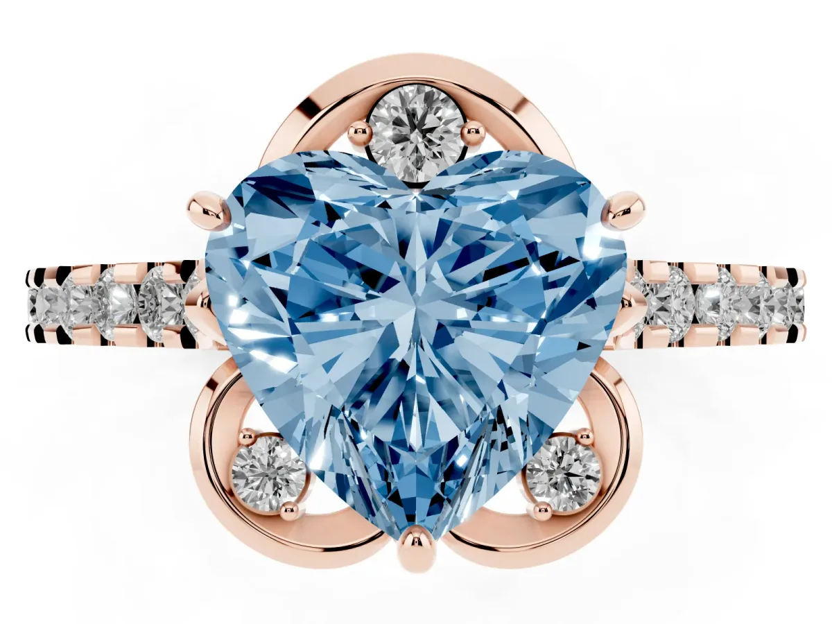 Fancy Blue Heart Cut Diamond Ring with Pavé Band and Floral Prong Setting Rose gold
