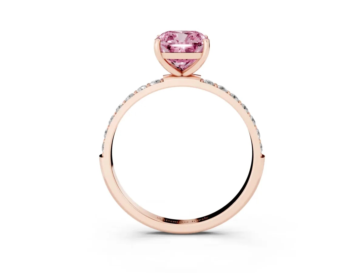 Fancy Pink Cushion Cut Diamond Solitaire Ring with Round Pavé Shoulders and Prong Setting Rose gold