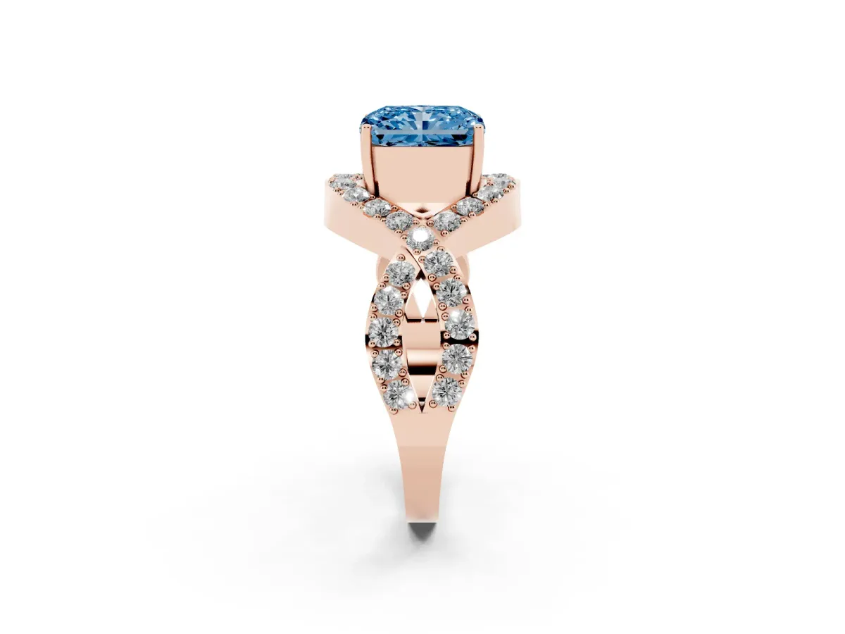Fancy Blue Radiant Cut Solitaire Twist Band Pavé Diamond Engagement Ring Rose gold