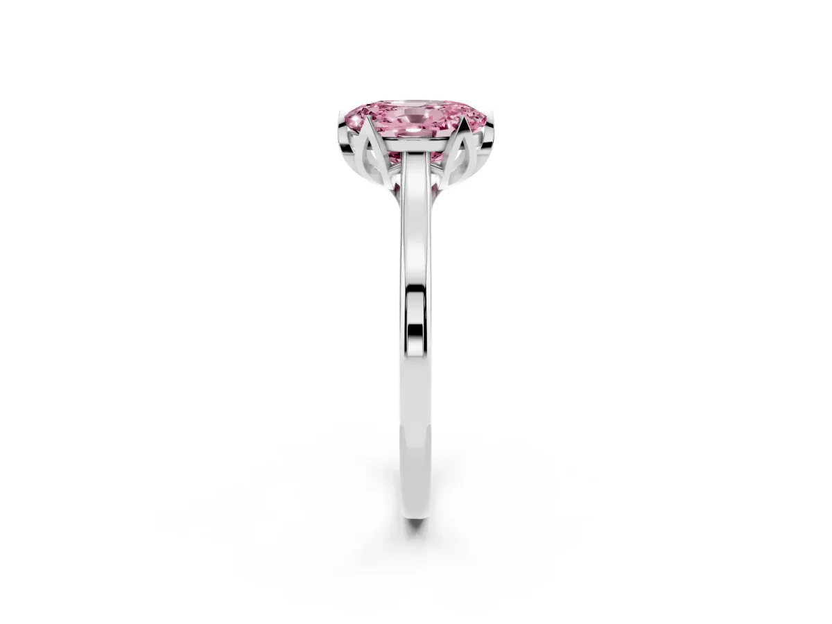 Fancy Pink Oval Cut Diamond Solitaire Ring with Flower Prong Setting and Classic Band Silver