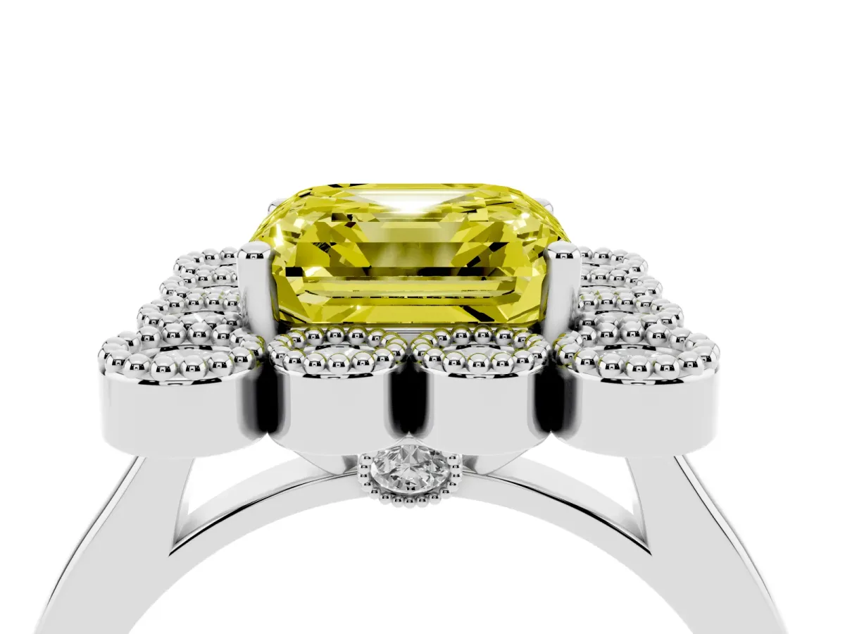 Fancy Yellow Asscher Cut Halo Diamond Cluster Engagement Ring with Milgrain Bezel Setting and Solitaire Band Silver
