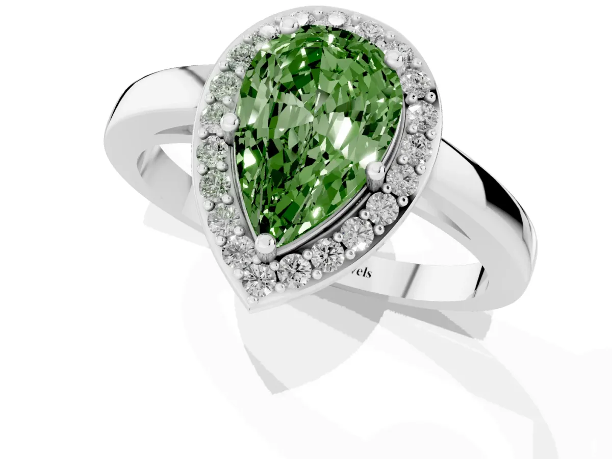 Fancy Green Pear Cut Halo Diamond Ring with Solitaire Band and Prong Setting Silver