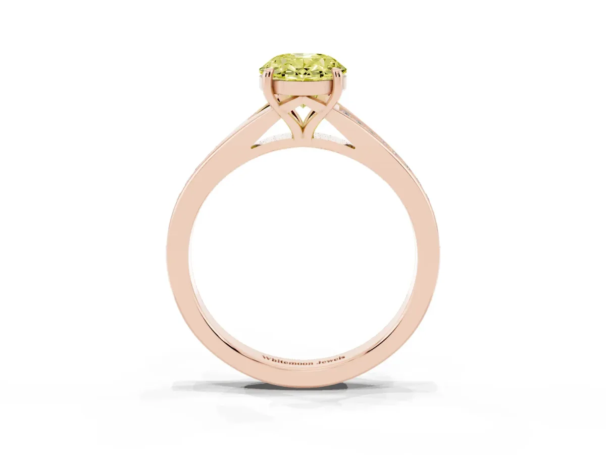 Fancy Yellow Oval Cut Diamond Solitaire Ring with Pavé Band and Prong Setting Rose gold