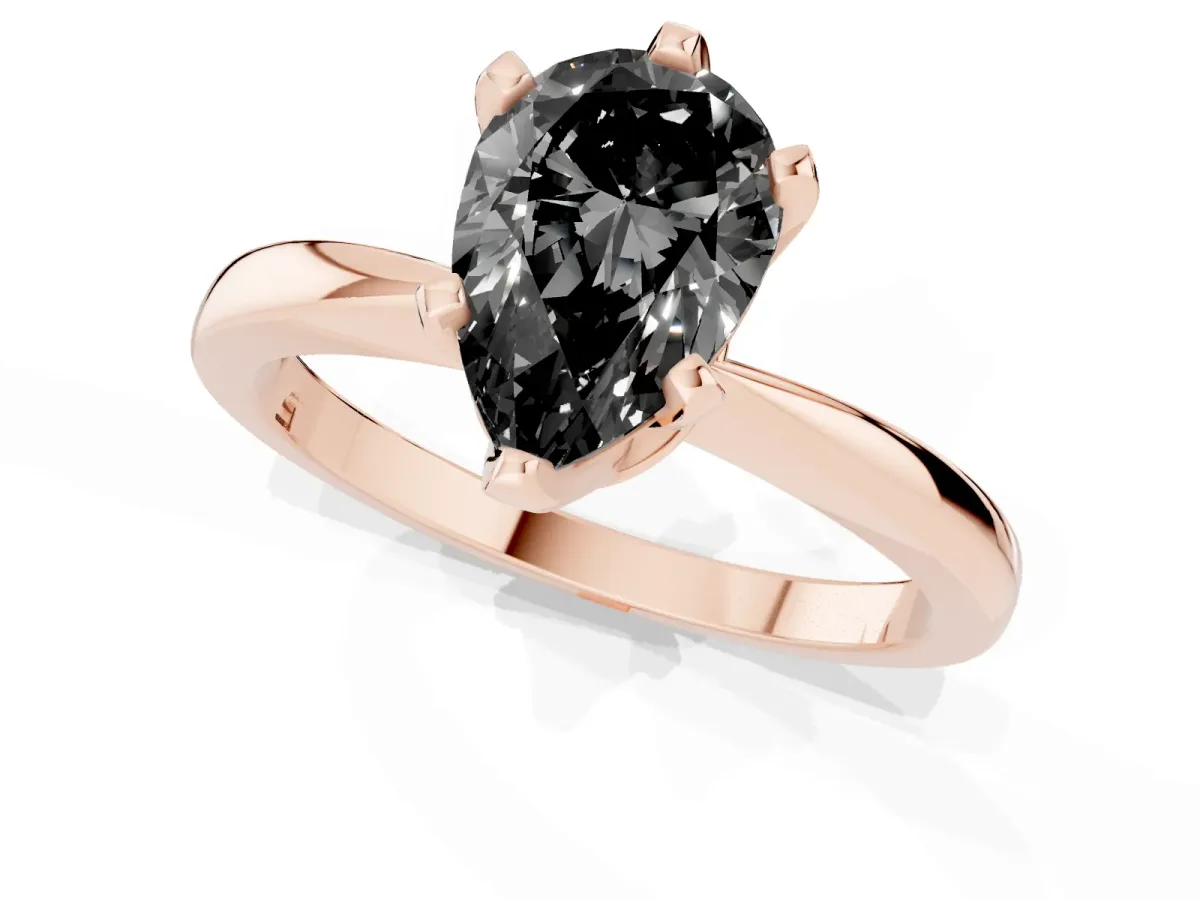Fancy Black Pear Cut Solitaire Engagement Ring with Six-Prong Setting and Tapered Band Rose gold