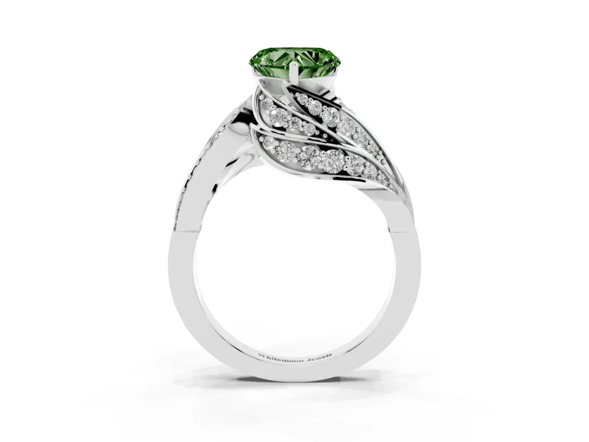 Fancy Green Heart Cut Diamond Solitaire Ring with Prong Setting and Twisted Pavé Band White gold