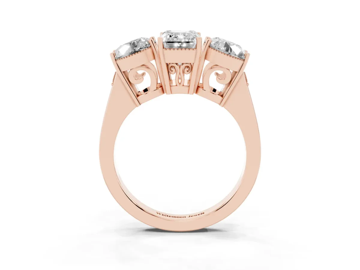 Three-Stone Emerald Cut Diamond Engagement Ring with Prong Setting on a Classic Band Rose gold