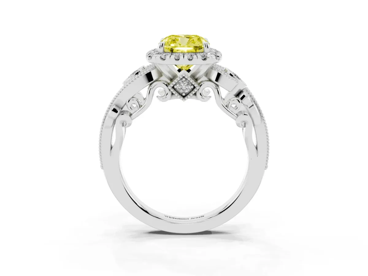 Fancy Yellow Cushion Cut Halo Diamond Ring with Milgrain and Bezel Accents on a Split Shank Band Platinum