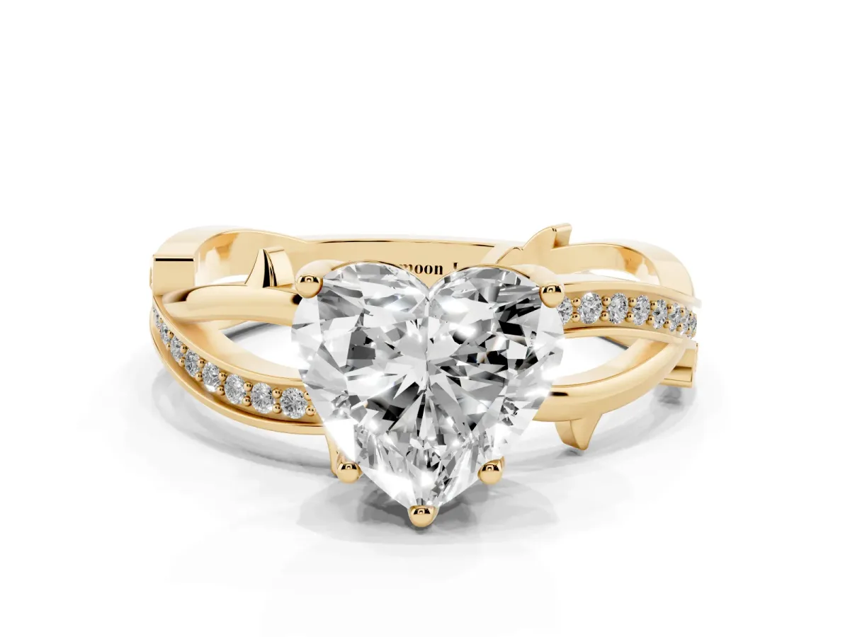 Heart Cut Solitaire Twist Band with Pavé Accents and Four-Prong Setting Yellow gold