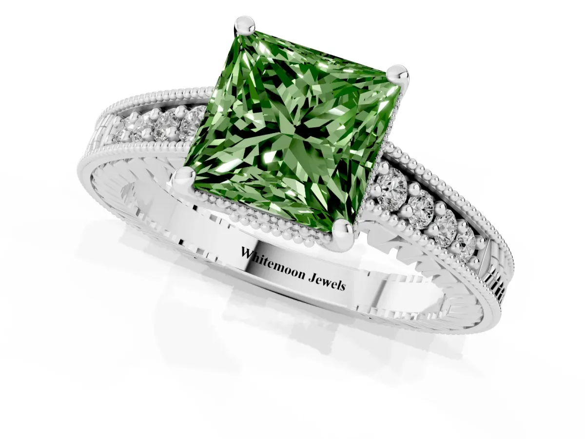 Fancy Green Princess Cut Solitaire Pavé Diamond Milgrain Engagement Ring with Four-Prong Setting Silver