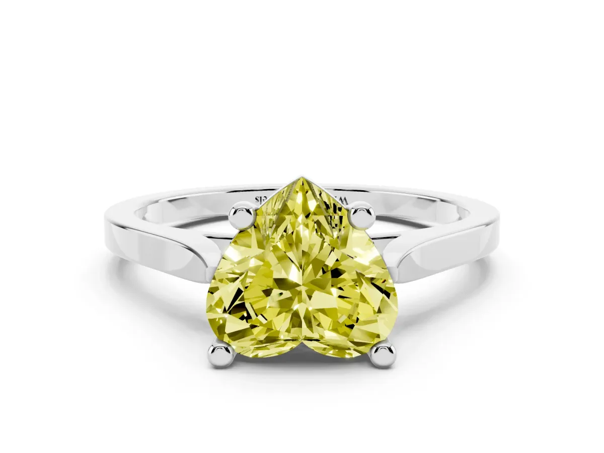 Fancy Yellow Heart Cut Solitaire Diamond Ring with Four-Prong Setting and Tapered Band Silver