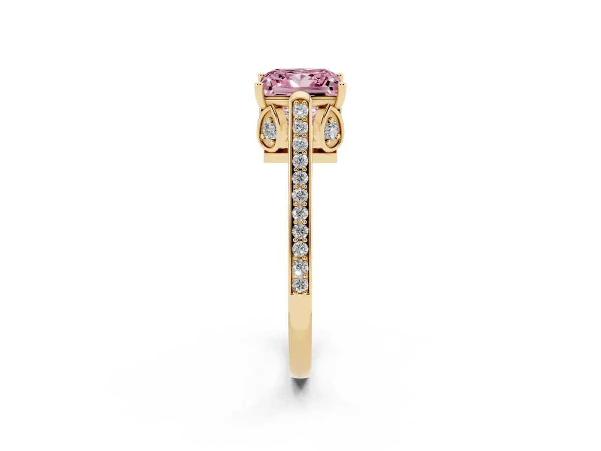 Fancy Pink Princess Cut Cut Cathedral Pave Diamond Engagement Ring with Six-Prong Setting Yellow gold