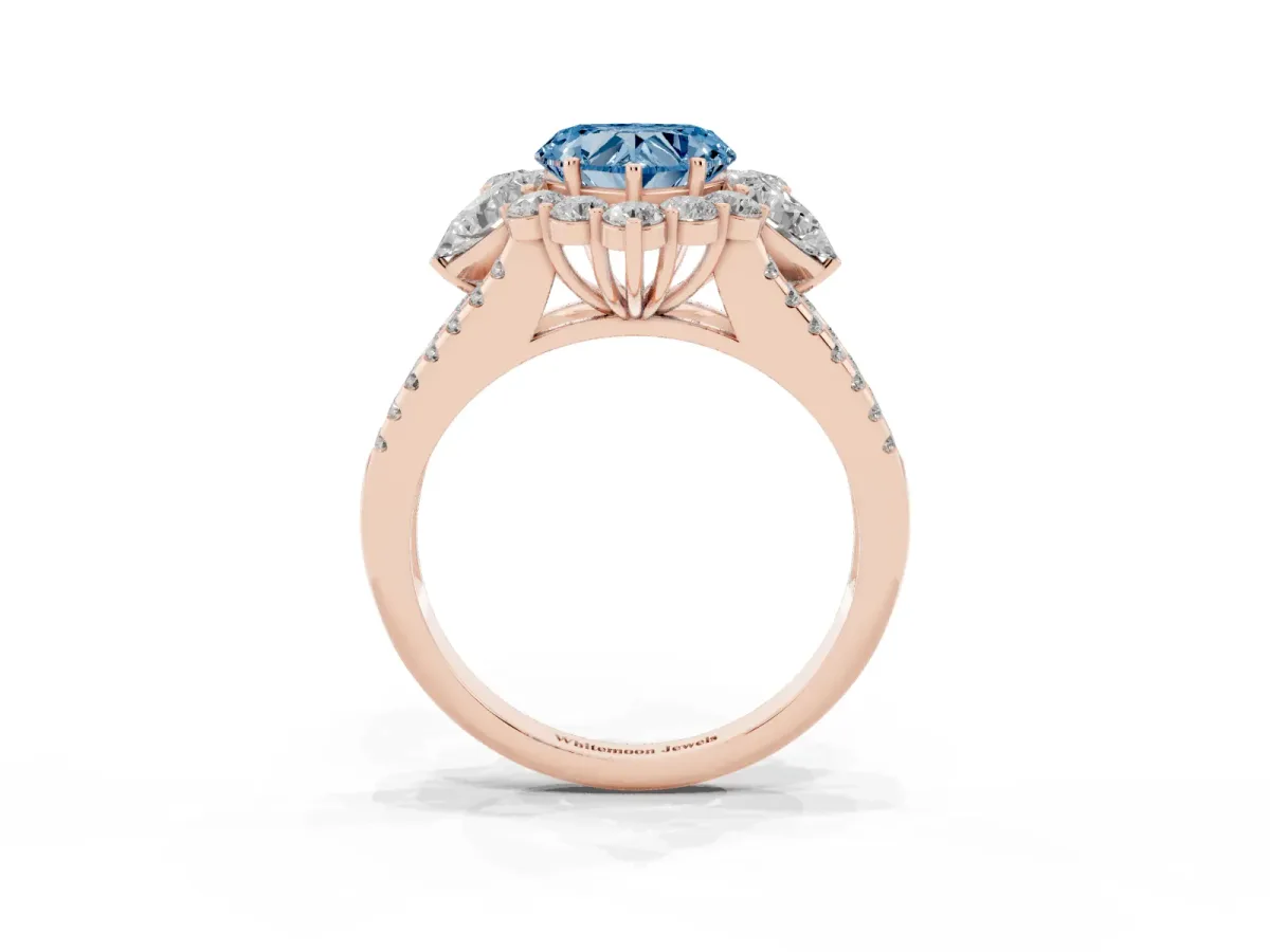 Fancy Blue Heart Cut Halo Split Shank Diamond Engagement Ring with Prong Setting Rose gold