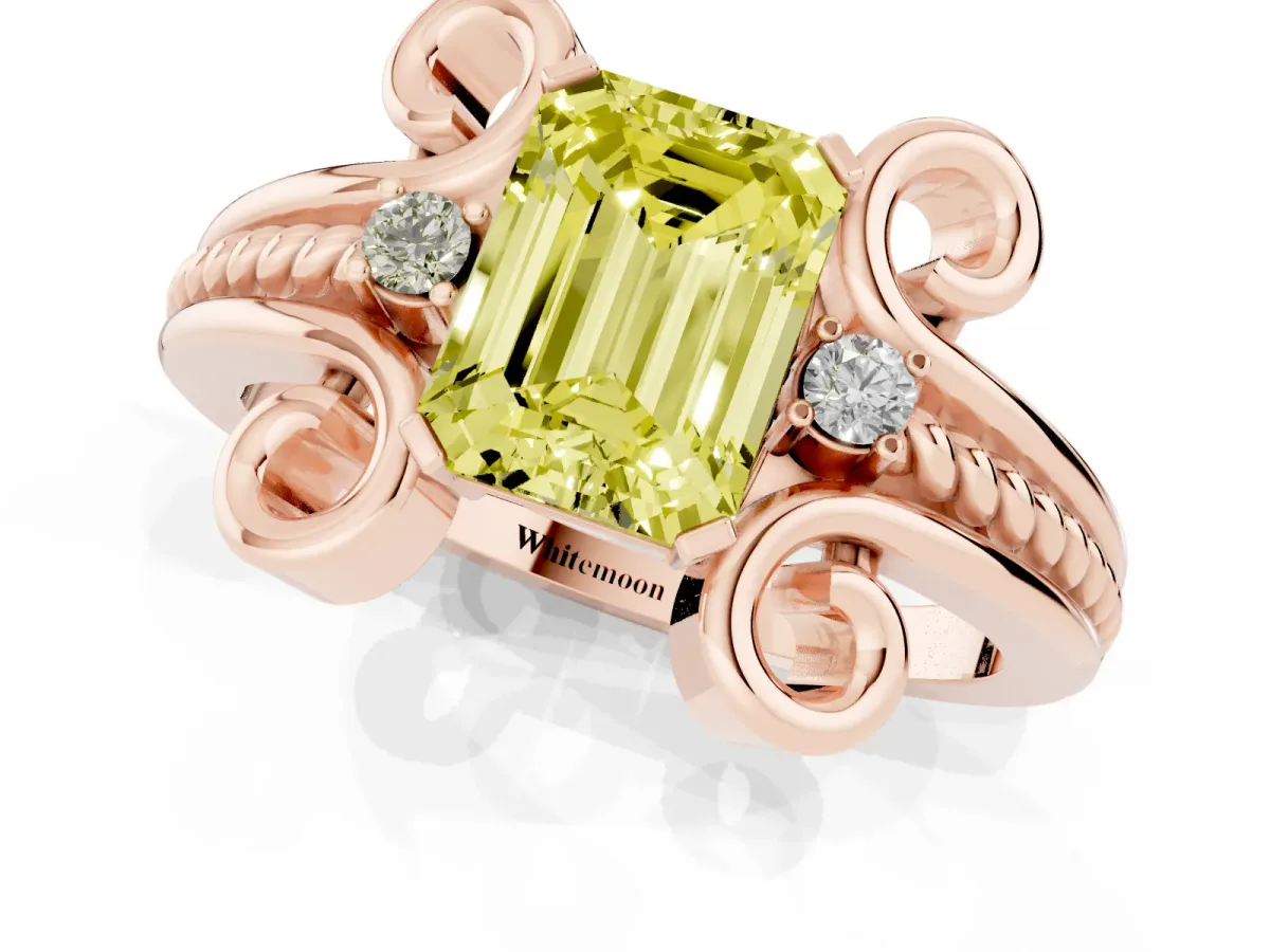 Fancy Yellow Emerald Cut Solitaire Twisted Band Scroll Prong Ring Rose gold