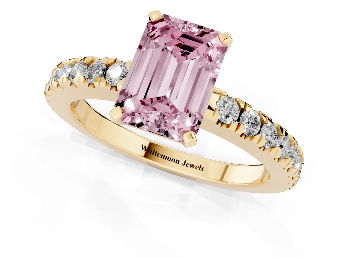 Fancy Pink Emerald Cut Solitaire Diamond with Pavé Band and Four-Prong Setting Yellow gold