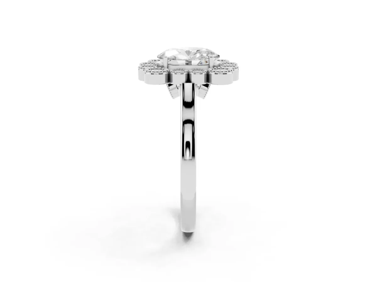Oval Cut Halo Diamond Cluster Engagement Ring with Milgrain Bezel Setting and Solitaire Band White gold
