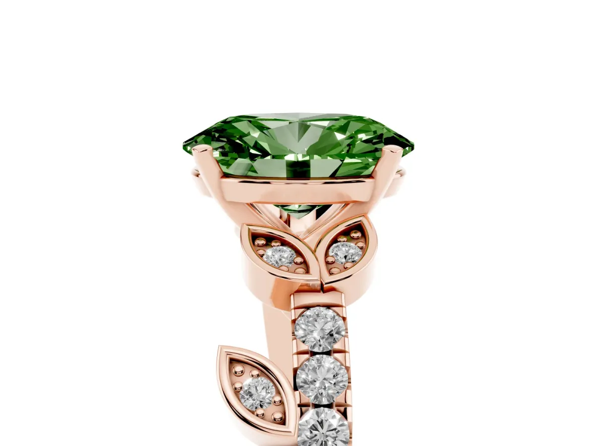 Fancy Green Oval Cut Solitaire Leaf-Inspired Diamond Ring with Pavé Band and Four-Prong Setting Rose gold