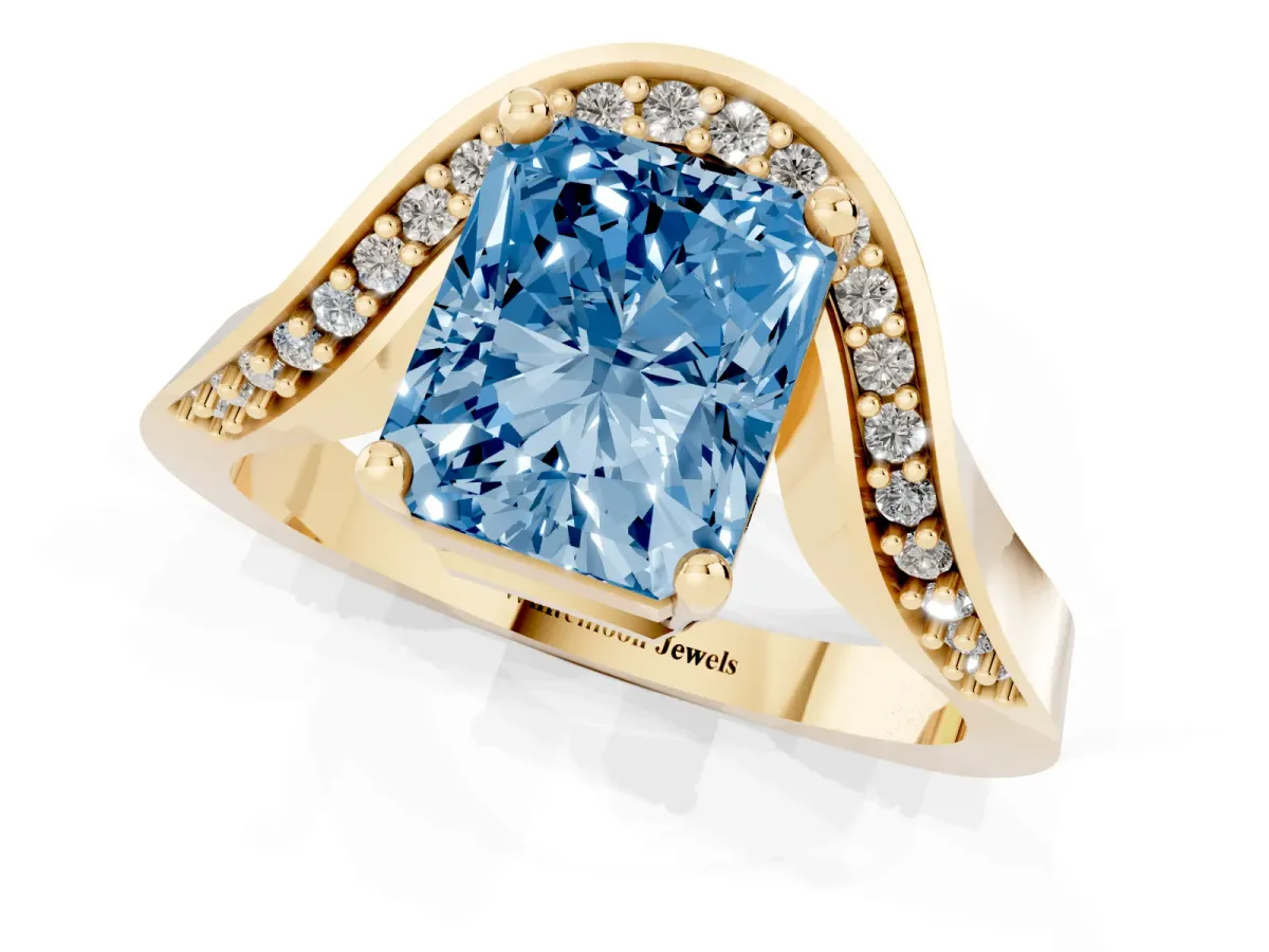 Fancy Blue Radiant Cut Solitaire Diamond Engagement Ring with Pave Band and Four-Prong Setting Yellow gold